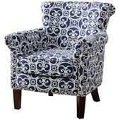 a blue and white patterned chair with wooden legs