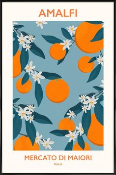 an orange poster with white flowers and green leaves on a blue background, framed in black frame