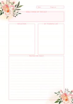 the printable prayer sheet with pink flowers and greenery on it, in front of a white background