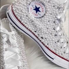 Hi-Top Pearl Chuck Converse Sneaker White Glam Bling Converse All Star Chuck Taylor Sneakers Sizes 7 Thru 11 Http://Blingedsneakers.Com/ Custom Order I Also Do Weddings Custom Rhinestone Chucks In Any Color Email Me For A Quote Ldthomas2011@Gmail.Com Bling Sneakers, Pearl Sneakers, Wedding Keds Shoes, Bling Converse Wedding, White High-top Sneakers With Rhinestones, Pearl Wedding Converse, Chuck Taylors Wedding, Bedazzled White Converse, Bedazzled Converse Wedding