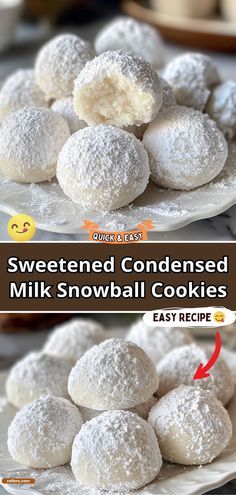 two plates with powdered snowball cookies on them, and the same one has an easy recipe