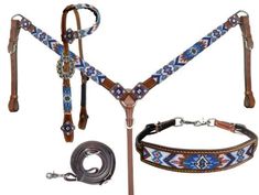 a set of horse bridle and reins with matching halters, leadage and rope