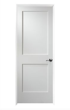 an open white door with a black handle on the top and bottom panel, against a white background