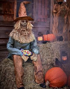 a scarecrow sitting on hay with pumpkins in the background