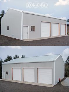 two garages side by side with one showing the doors open and the other closed