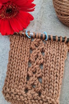 a close up of a crocheted piece of cloth next to a red flower