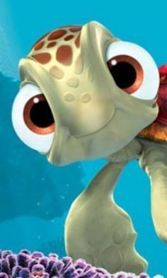 a cartoon turtle with big eyes and a red hat on its head is swimming in the ocean