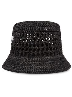 Black raffia logo-embroidered woven bucket hat from PRADA featuring woven raffia design, embroidered logo and dropped wide brim. | Prada Logo-Embroidered Woven Bucket Hat Prada Raffia, Crochet Bucket Hat Black, Prada Crochet Bucket Hat, Black Yarn Bucket Hat, Designer Luxury Bucket Hat, Prada Hat, Embroidered Bucket Hat, Black Bucket Hat, Raffia Hat