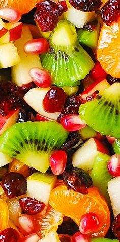 fruit salad with kiwis, oranges, and cranberries in it