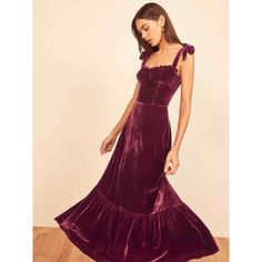 New Reformation Plum Purple Antoinette Romantic Midi Velvet Ruffle Tie Dress Size: 12 (Fits Large) Color: Plum Bust: 40-46in Waist: 34in Hip: 50in Length: Approx. 54in Romance Alert. The Antoinette Is Fitted In The Bodice With A Relaxed Fitting Skirt. This Dress Has A Ruffle Edged Neckline, Adjustable Strap Ties, And A Trumpet Skirt. It Gives You A Little Bit Of Comfort And Shape All In One. Adjustable Straps Ruffle Edged Bodice Seam Details At The Bust Strapless Bra Friendly Tie Straps Unlined Fall Romance, Velvet Holiday Dress, Antoinette Dress, Plum Dress, Velvet Midi Dress, Fall Clothing, Project Runway, Silky Dress, Inspired Fashion