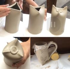 three pictures showing how to make a vase out of clay