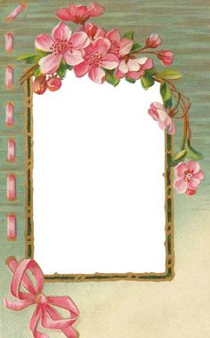 an old fashioned photo frame with pink flowers and ribbons on it's edges, as well as a bow