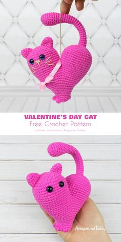 a pink crocheted cat hanging from a string with the caption valentine's day cat free crochet pattern