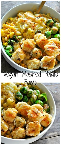 two pictures of chicken and vegetables in a bowl with the words vegan mashed potato bowls