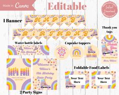 printable birthday party package for girls with rainbows and clouds on it, including labels