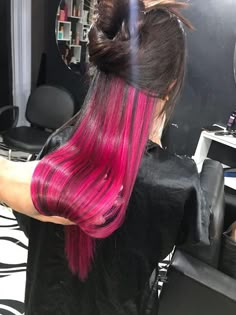 Under Pink Hair Dye, Brunette Hair With Pink Peekaboo, Peekaboo Hair Color Brunettes Pink, Black Hair With Pink Peekaboos, Bottom Layer Of Hair Dyed, Hot Pink Underneath Hair, Pink Under Hair, Black Hair With Pink Underneath, Hot Pink Peekaboo Hair