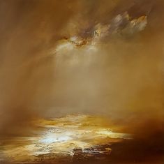 an abstract painting with brown, yellow and white colors in the sky above it is a large body of water