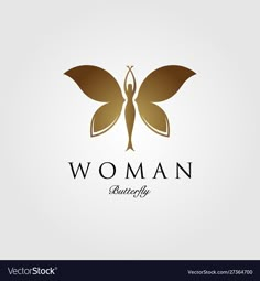 woman butterfly logo design on white background with gold wings and the word woman written below it