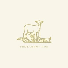 the lamb of god logo on a white background with gold foil lettering and an image of a sheep