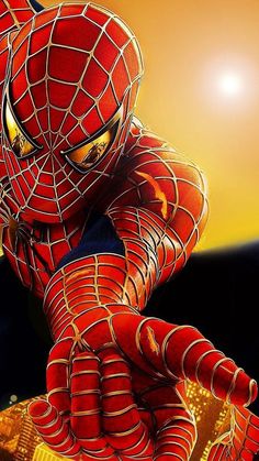 the amazing spider - man from the animated movie is shown in front of an orange background