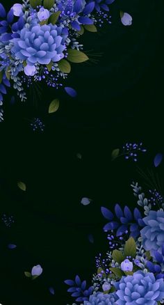 blue flowers and leaves on a black background