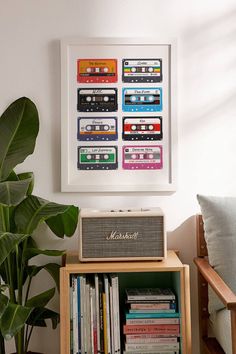 there is a shelf with books and an old radio on it next to a potted plant