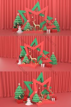 three christmas trees with presents on them and red curtains in the background - 3docn render