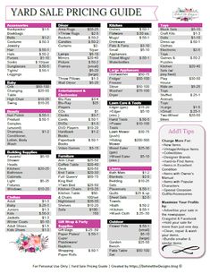 the yard sale pricing guide is shown in pink and black, with flowers on it