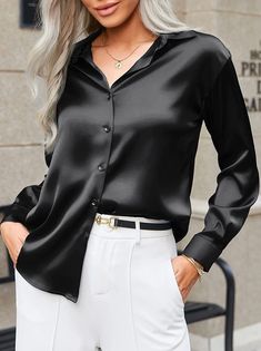 Silk Shirts For Women Classy, Satin Shirt Outfit Jeans, Silky Shirt Outfit, Satin Tops Blouses Classy, Satin Shirts For Women, Satin Shirt Outfit, English Gown, Corporate Wears