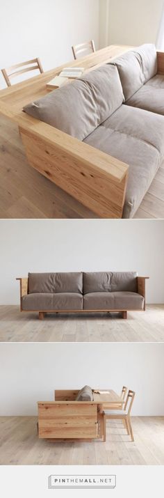 two different views of a couch and coffee table in the same room, one is made out of wood