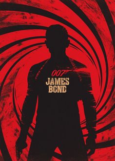 the poster for james bond is shown in red and black