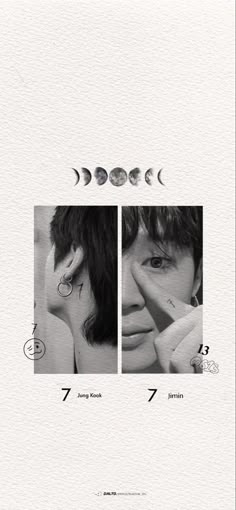 an advertisement with three photos of the same person and moon phases in black and white