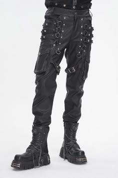 Black Big Pocket Faux Leather Men's Gothic Pants – LolitaInside Black Leather Cargo Pants With Belt Loops, Black Leather Bottoms With Cargo Pockets, Black Leather Bottoms With Multiple Pockets, Punk Style Faux Leather Bottoms With Belt Loops, Fitted Leather Gothic Pants, Black Streetwear Bottoms With Rivets, Black Faux Leather Pants With Cargo Pockets, Black Faux Leather Punk Pants, Gothic Black Leather Pants With Belt Loops