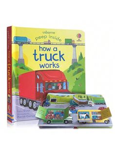 the children's book how a truck works is opened to reveal an image of trucks