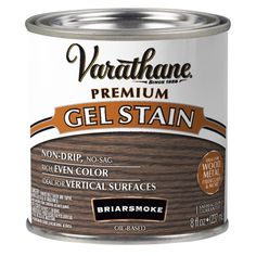 a can of brown gel stain paint on a white background with the words, varatane