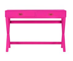 a bright pink desk with two drawers on the bottom and one drawer at the top