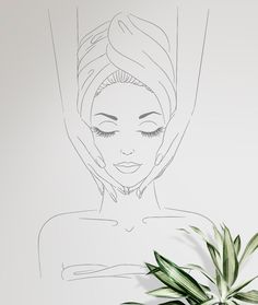 a drawing of a woman with her eyes closed next to a potted green plant