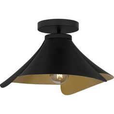 a black and gold ceiling light with an open shade on the top, hanging from a white wall