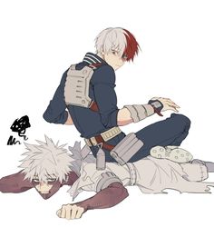 an anime character sitting on the ground next to another character with red hair and white hair