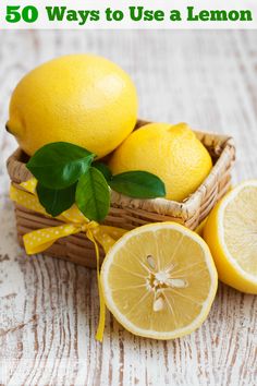 lemons in a basket with the words 50 ways to use a lemon