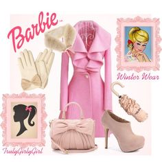 a woman's pink outfit and accessories are featured in this advert for barbie