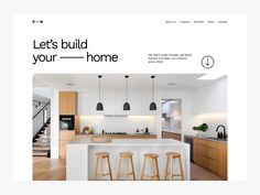 an image of a kitchen with stools on the counter and stairs in the background