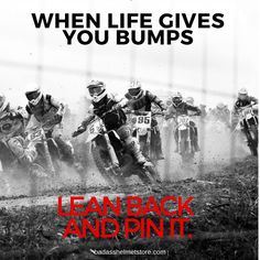 a group of motorcyclists riding down a dirt road with the words lean back and pint