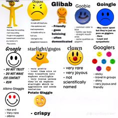 the different types of emoticions are depicted in this poster, which includes smiley faces