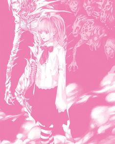 a drawing of a girl standing in front of a bunch of dead animals on a pink background