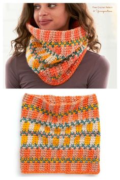 a woman wearing an orange and yellow crocheted scarf with the words, free croche