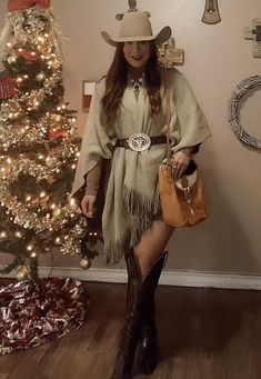 Western Style Outfits Winter, Sweater Dress Cowboy Boots, Cowboy Christmas Outfits For Women, Western Holiday Party Outfit, Christmas Cowgirl Outfit, Western Christmas Outfits Women, Christmas Western Outfit, Knee High Western Boots Outfit, Western Christmas Party Outfit