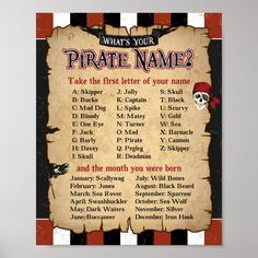 a pirate party game poster hanging on a wall with the names of all the characters