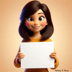 a cartoon girl holding up a white board with big eyes and brown hair, smiling at the camera