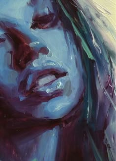 a painting of a woman's face with blue and purple paint on the upper half of her face